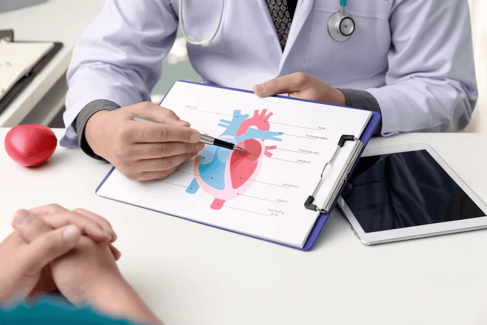 Doctor illustrating and explaining different parts of the heart to a patient at Prakash Hospital.