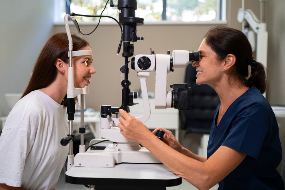 Advanced eye testing machine being used for eye examination in the Ophthalmology Department of Prakash Hospital.