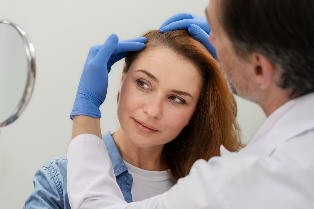 Doctor examining the scalp of a female patient in the Skin and Hair Department of Prakash Hospital.