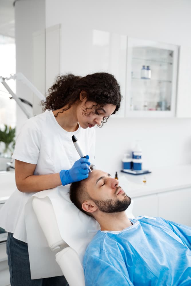 Doctor using Dermaroller on a male patient’s hairline at the Skin and Hair Department of Prakash Hospital.